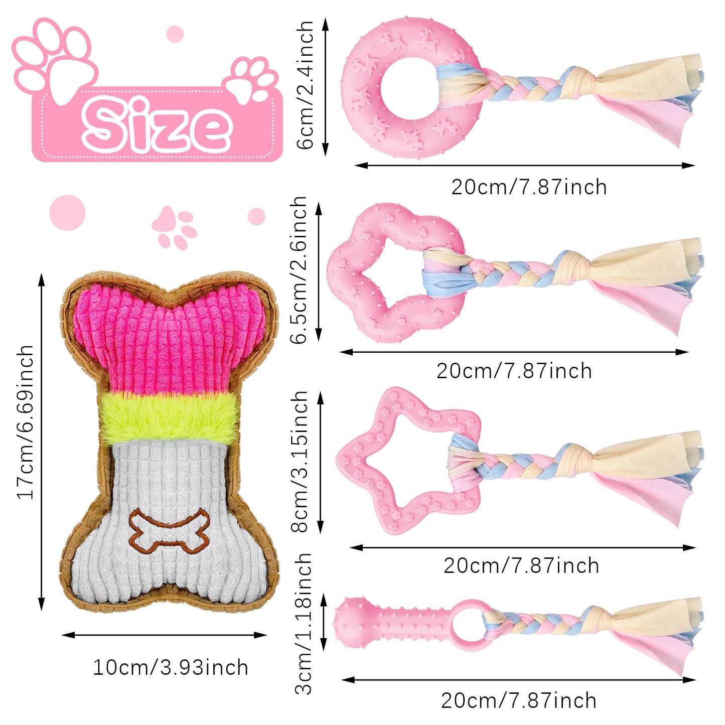 5-Pack Puppy Chew Toys for Teething Small Dogs - Pink Rubber and Plush Squeaky Interactive Dog Toys for Dental Care
