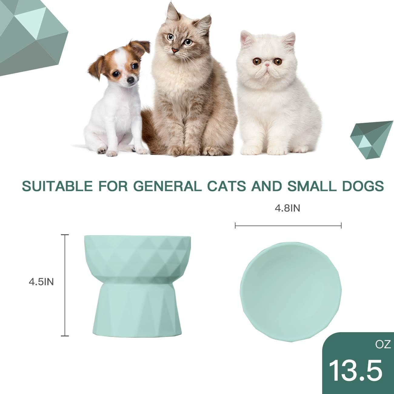 Ceramic Raised Cat and Small Dog Bowls Set for Anti-Vomiting, 13.5 Oz, Green