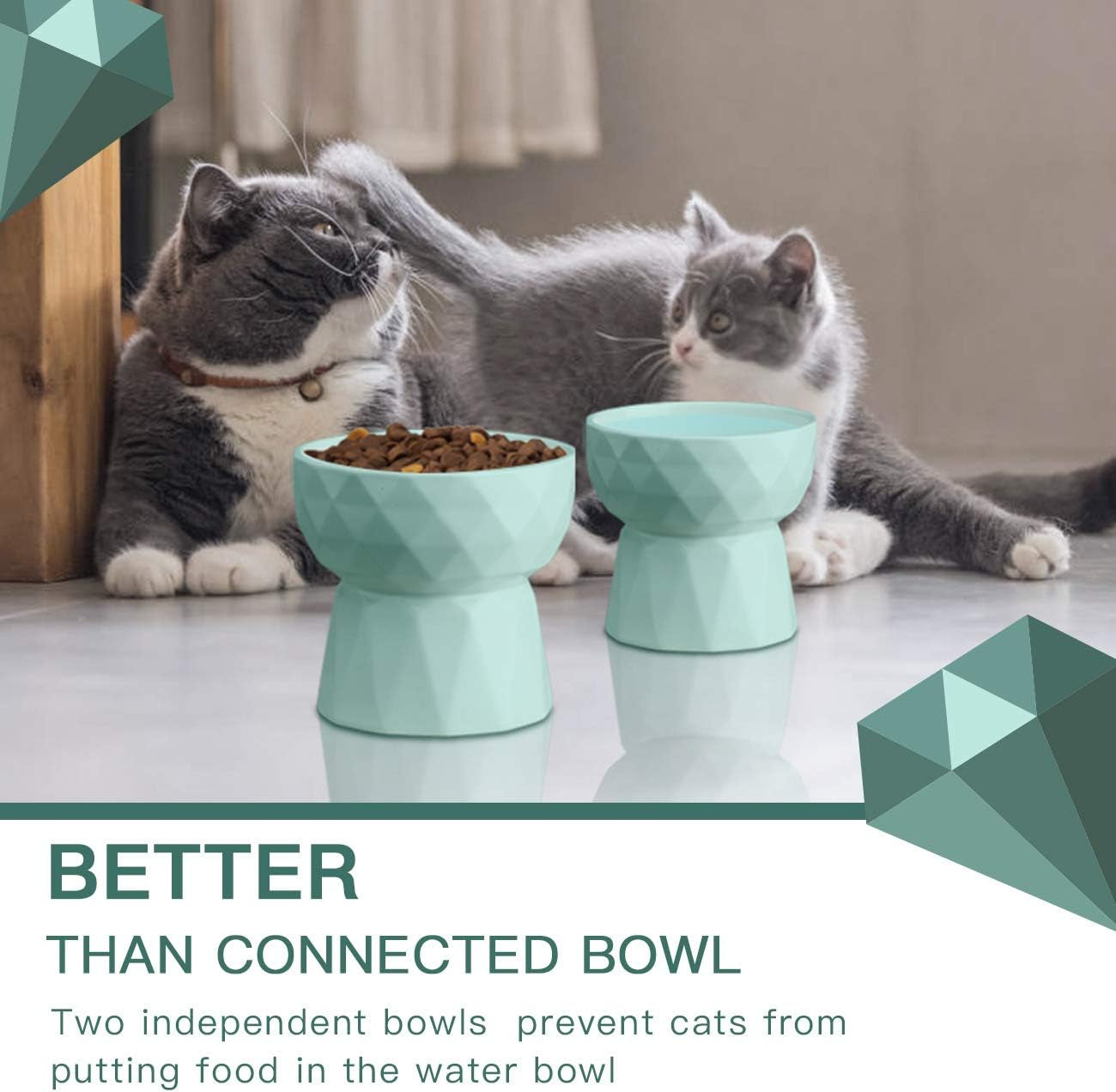 Ceramic Raised Cat and Small Dog Bowls Set for Anti-Vomiting, 13.5 Oz, Green