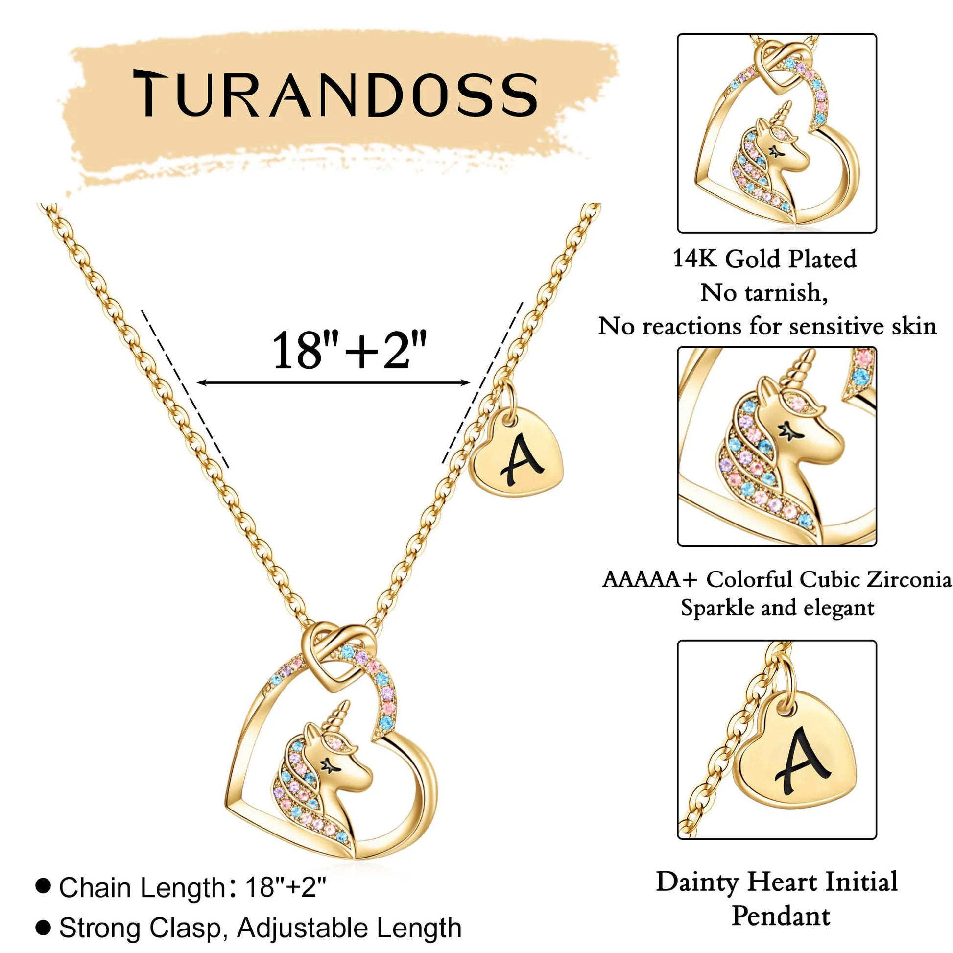 Turandoss 14K Gold Plated Colorful Cz Initial Unicorn Heart Pendant Necklaces for Teens Little Girls Daughter Kids Jewelry Birthday Mothers Day Presents for Women Girls