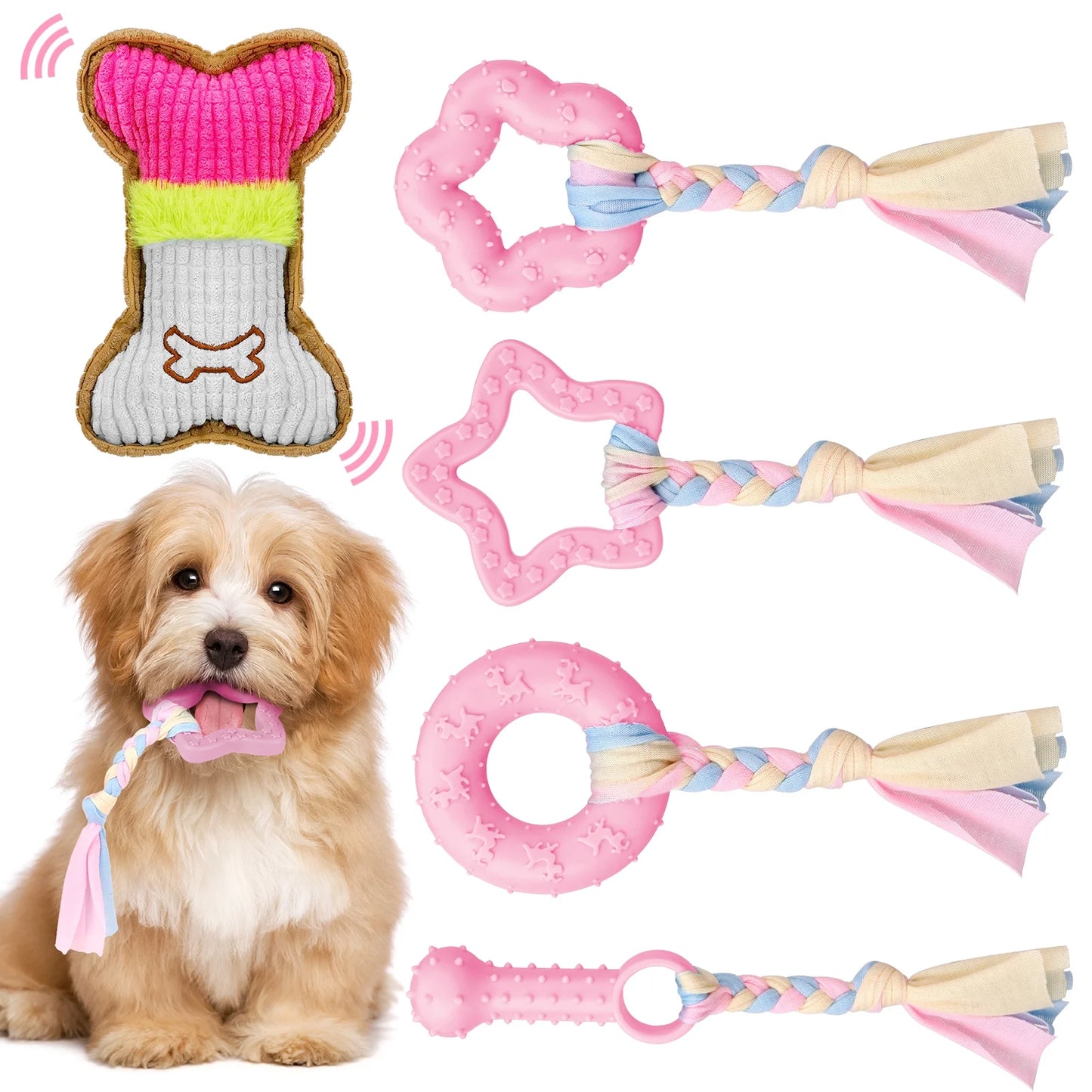 5-Pack Puppy Chew Toys for Teething Small Dogs - Pink Rubber and Plush Squeaky Interactive Dog Toys for Dental Care