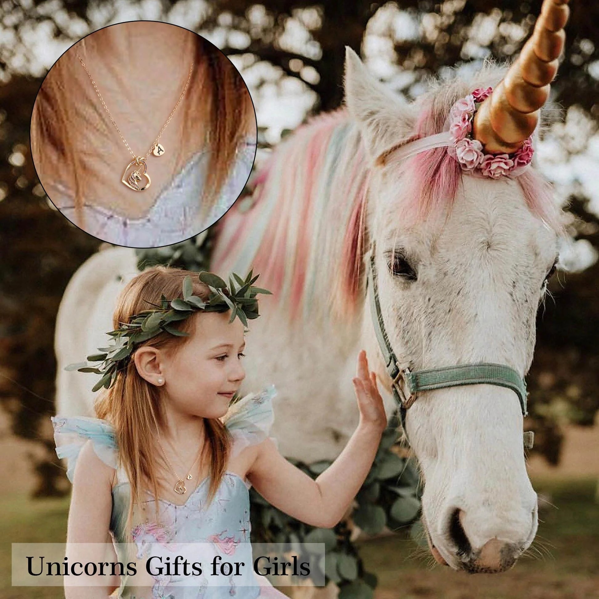 Turandoss 14K Gold Plated Colorful Cz Initial Unicorn Heart Pendant Necklaces for Teens Little Girls Daughter Kids Jewelry Birthday Mothers Day Presents for Women Girls