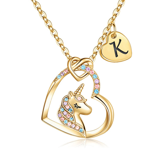 Turandoss 14K Gold Plated Colorful Cz Initial Unicorn Heart Pendant Necklaces for Teens Little Girls Daughter Kids Jewelry Birthday Mothers Day Presents for Women Girls