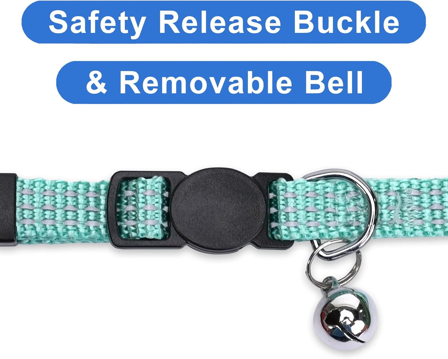 Reflective Teal Cat Collar with Safety Buckle and Detachable Bell for Kittens and Cats