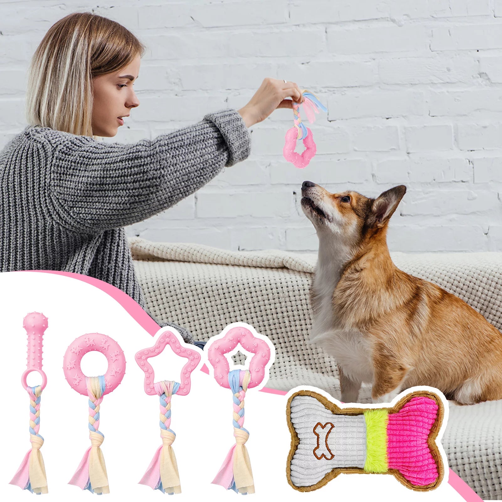 5-Pack Puppy Chew Toys for Teething Small Dogs - Pink Rubber and Plush Squeaky Interactive Dog Toys for Dental Care