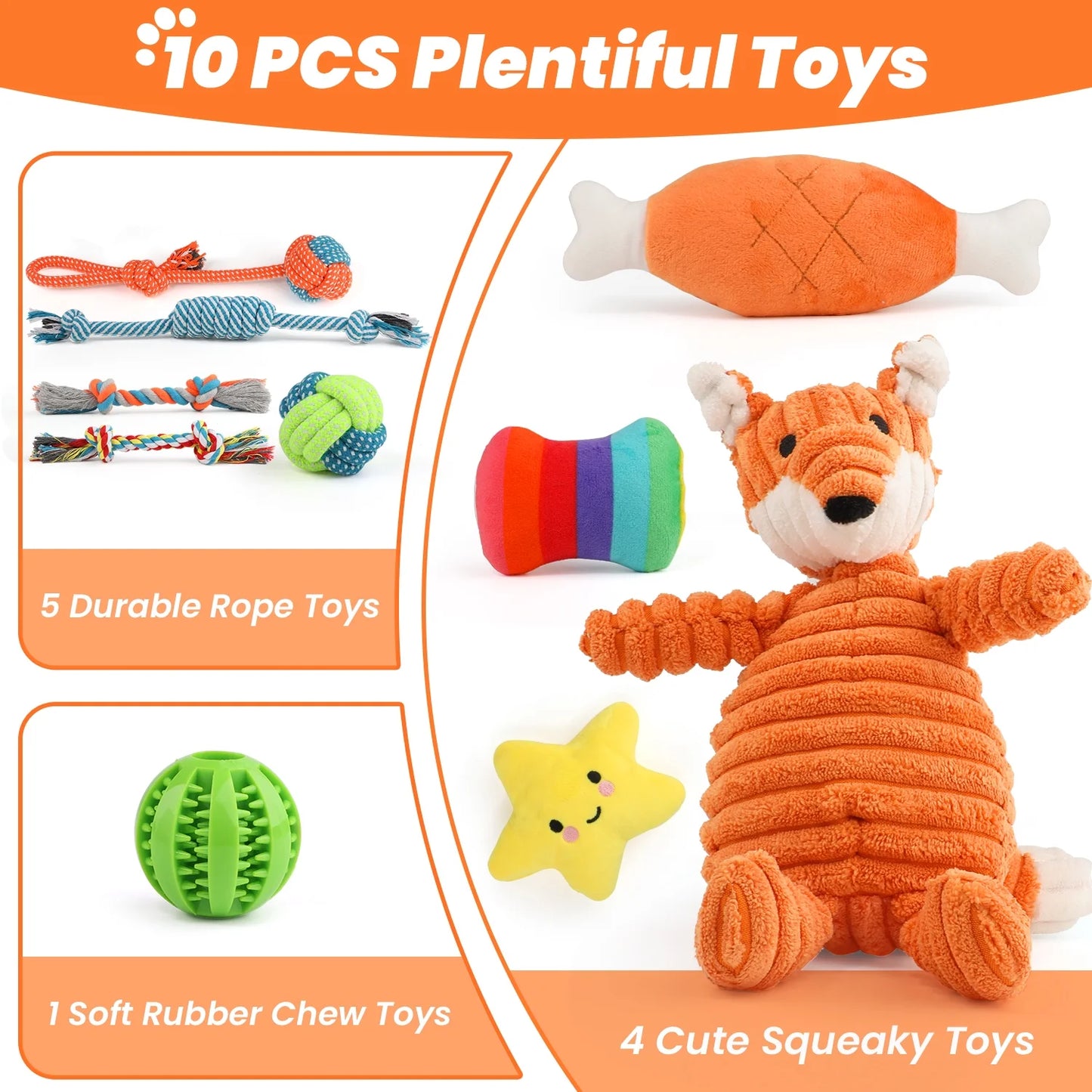 Small Dog Toy Collection: 10-Piece Set of Chew Toys for Teething and Training, Including Plush Squeaky Toys, Treat Balls, and Rope Toys for Engaging Playtime