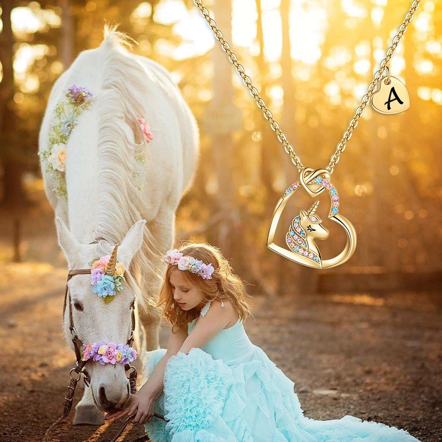 Turandoss 14K Gold Plated Colorful Cz Initial Unicorn Heart Pendant Necklaces for Teens Little Girls Daughter Kids Jewelry Birthday Mothers Day Presents for Women Girls