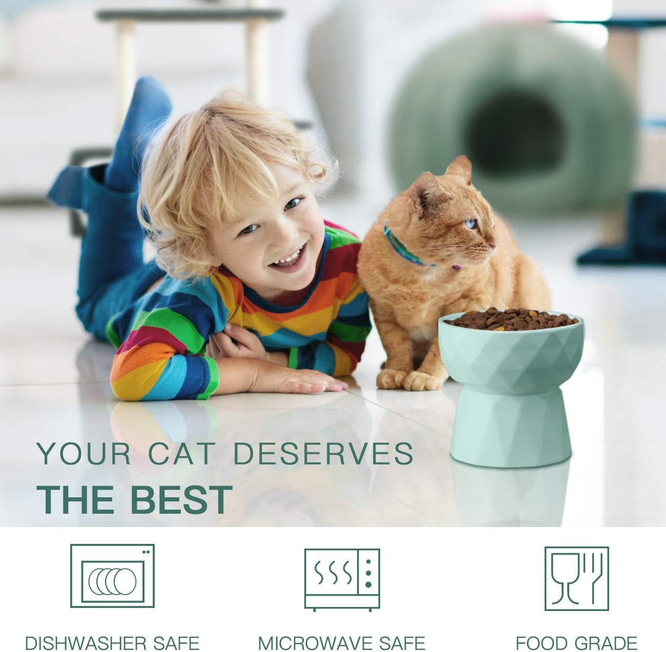 Ceramic Raised Cat and Small Dog Bowls Set for Anti-Vomiting, 13.5 Oz, Green