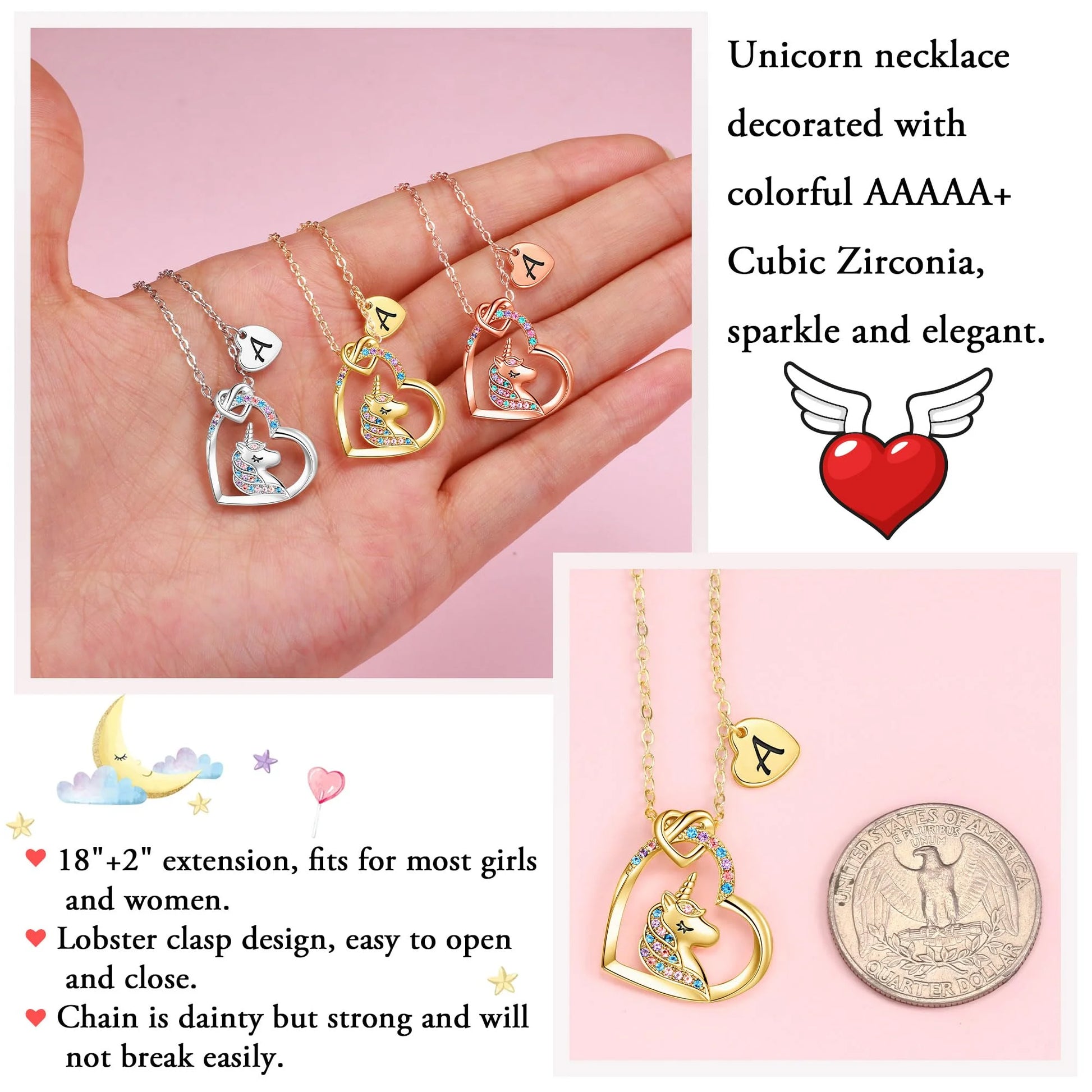 Turandoss 14K Gold Plated Colorful Cz Initial Unicorn Heart Pendant Necklaces for Teens Little Girls Daughter Kids Jewelry Birthday Mothers Day Presents for Women Girls