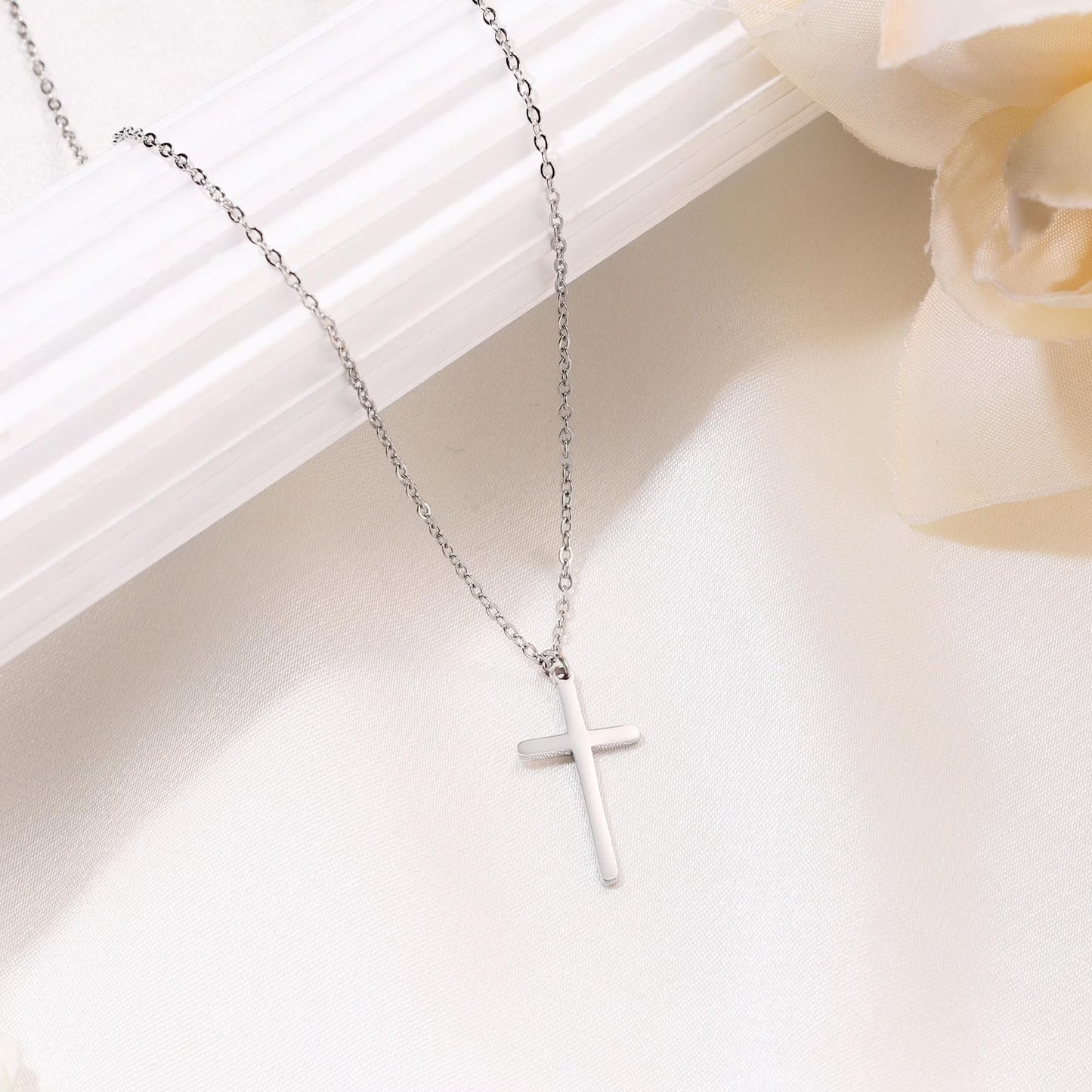 Turandoss 14K White Gold Plated Dainty Tiny Cross Pendant Necklace for Women Faith Jewelry Trendy Personalizedt First Communion Christian Religious Gifts for Women Her Girls