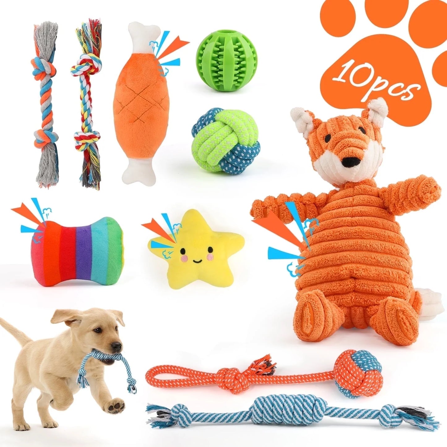 Small Dog Toy Collection: 10-Piece Set of Chew Toys for Teething and Training, Including Plush Squeaky Toys, Treat Balls, and Rope Toys for Engaging Playtime