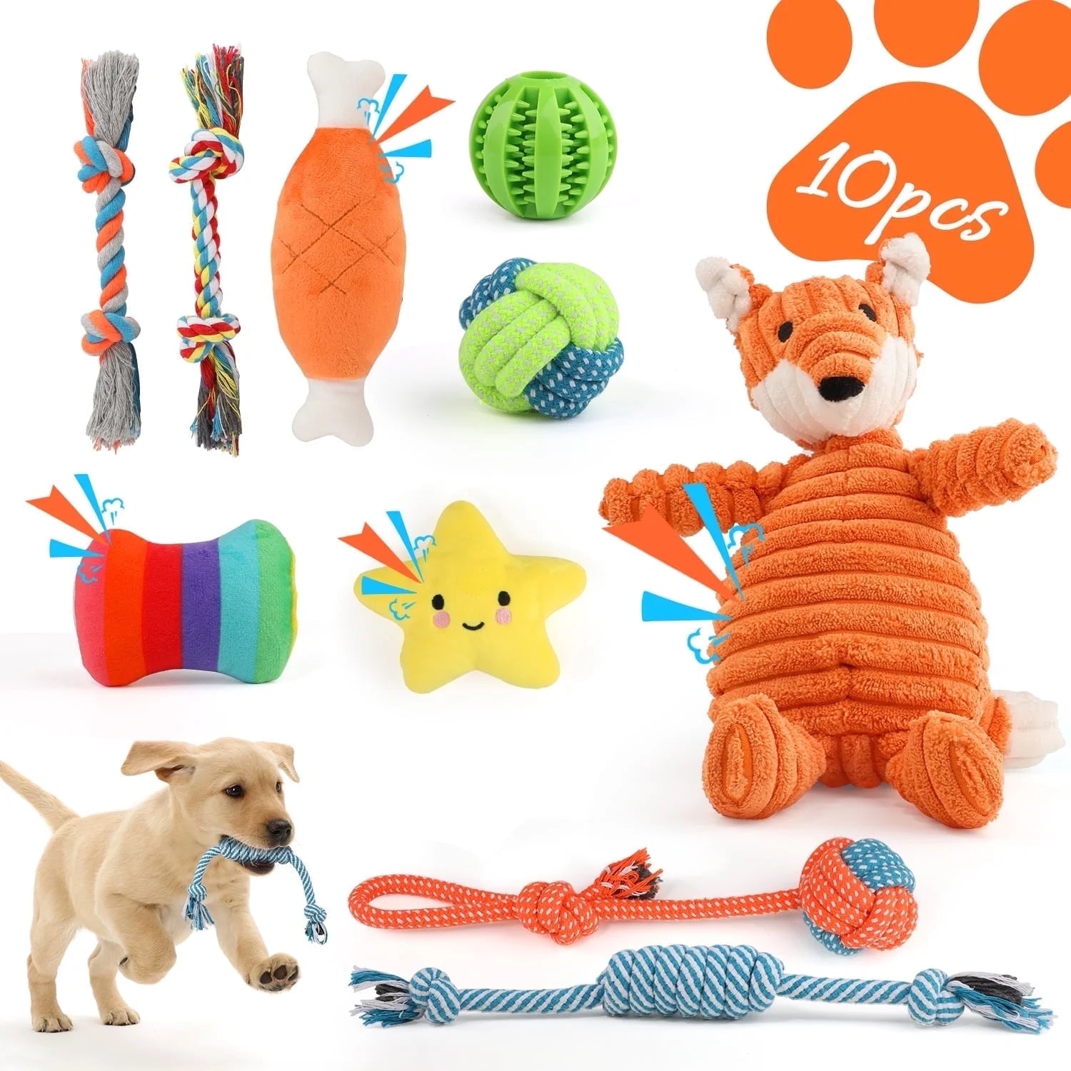 Small Dog Toy Collection: 10-Piece Set of Chew Toys for Teething and Training, Including Plush Squeaky Toys, Treat Balls, and Rope Toys for Engaging Playtime